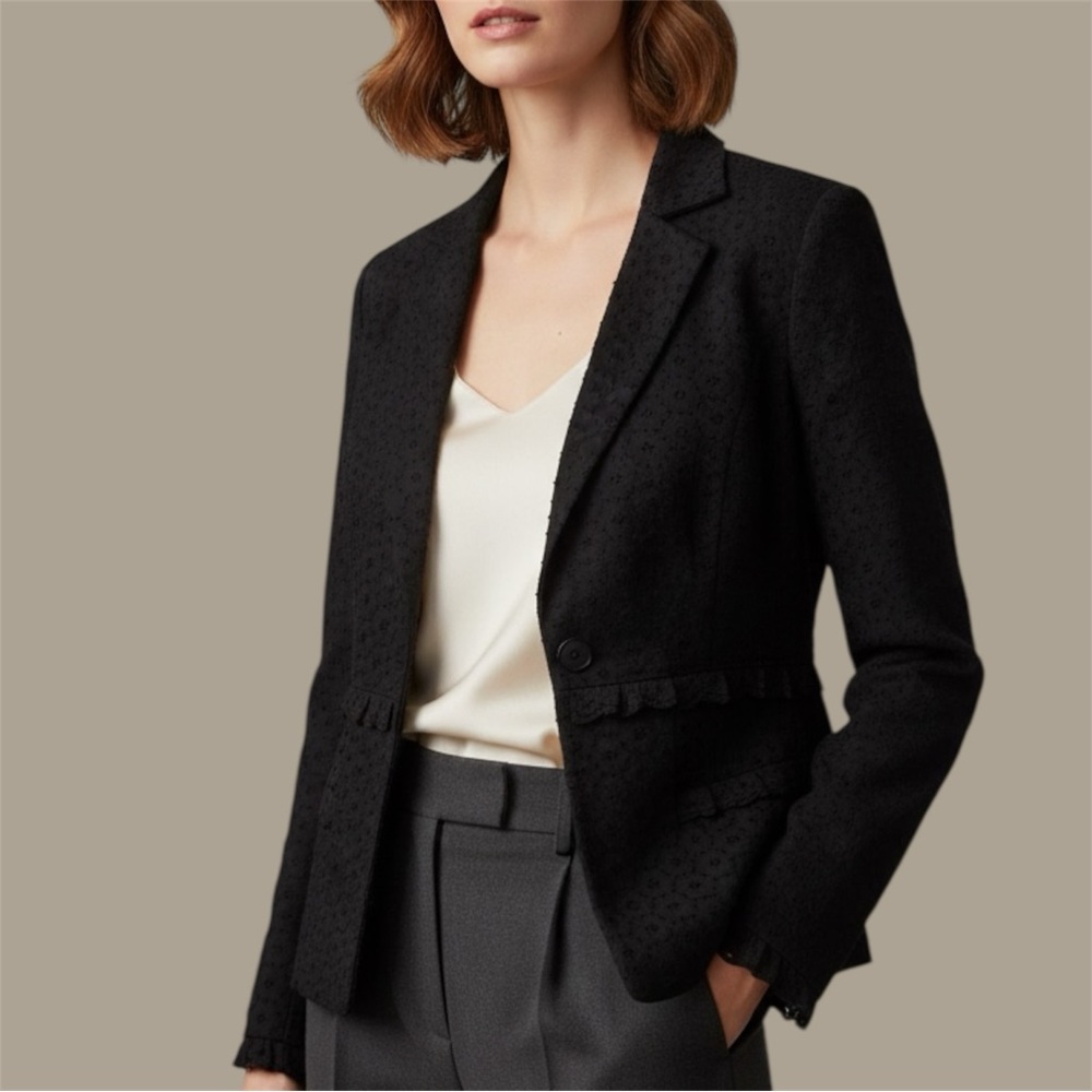 CAbi Flamenco Black Blazer Sz 6 with Ruffled Cuffs‎ Eyelet